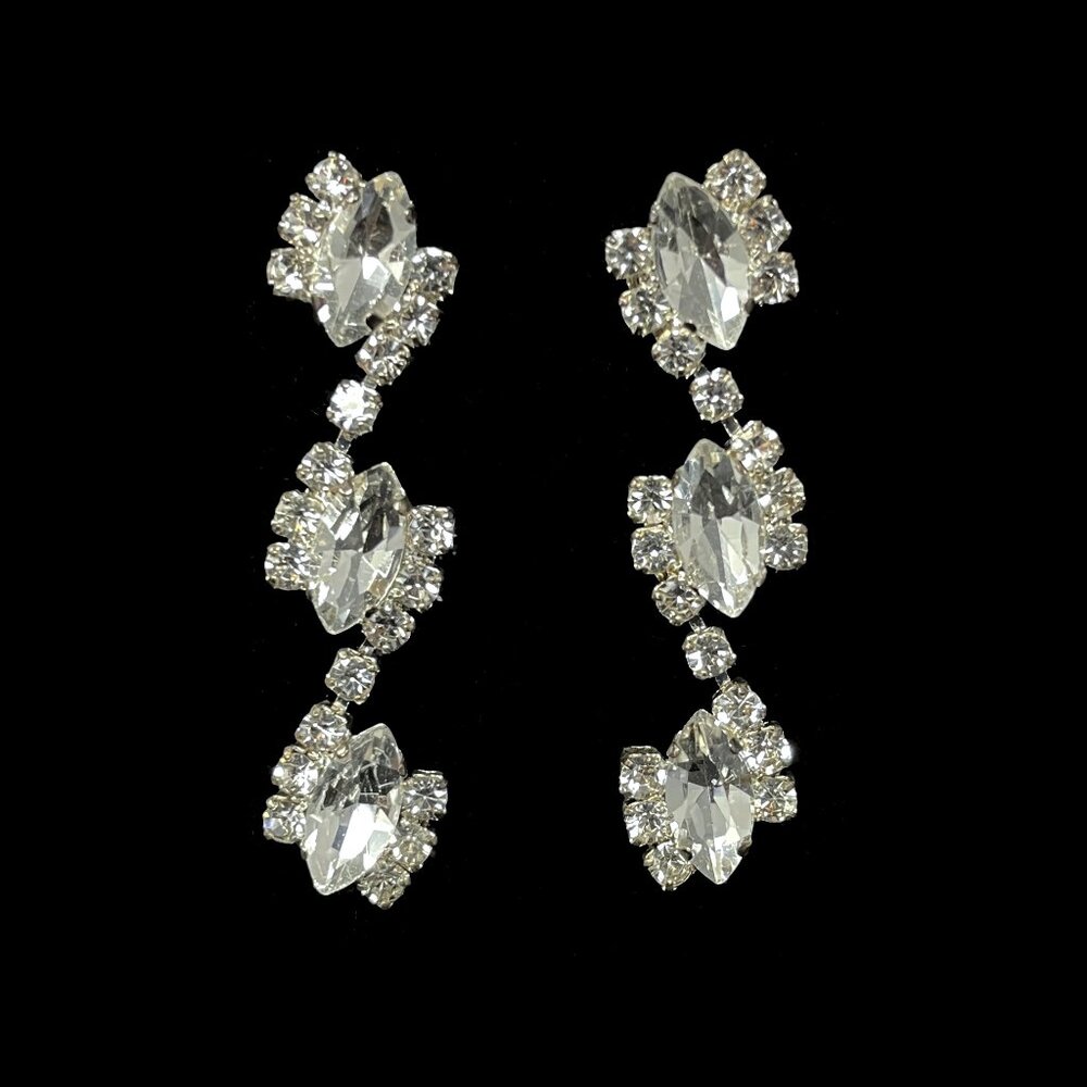 Silver Clear Marquise Alternating Rhinestone Faux Diamonds Dangling Earrings
